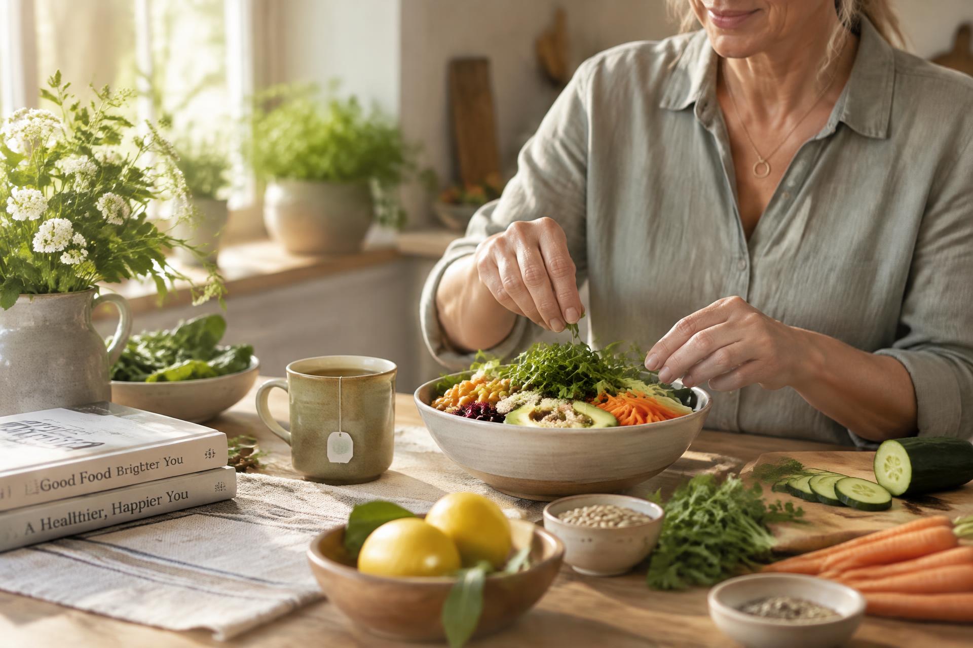 Mujer preparando un plato de comida real en una cocina luminosa