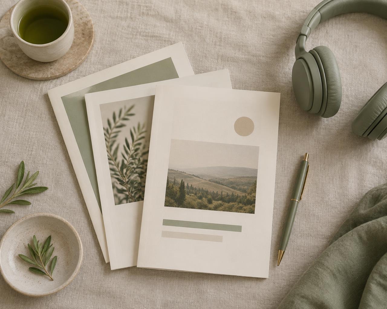 Cuadernos de trabajo, auriculares y una infusión sobre lino
