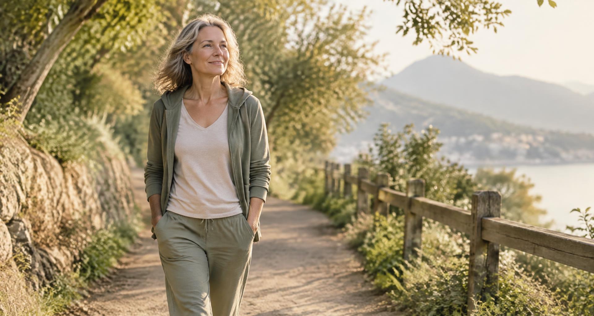 Mujer caminando por un sendero al amanecer